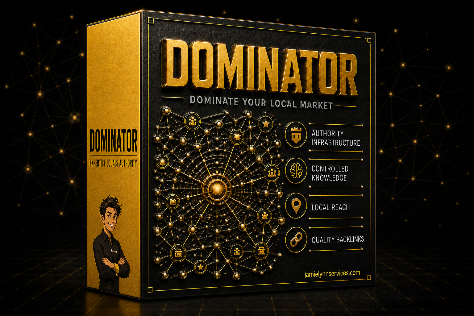 Dominator software box showing authority infrastructure, controlled knowledge, local reach, and quality backlinks