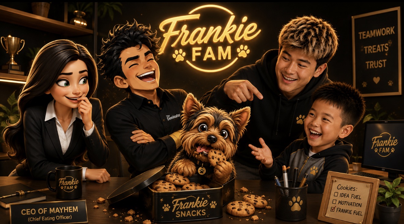 FrankieFam team gathered around a table with Frankie the Yorkie