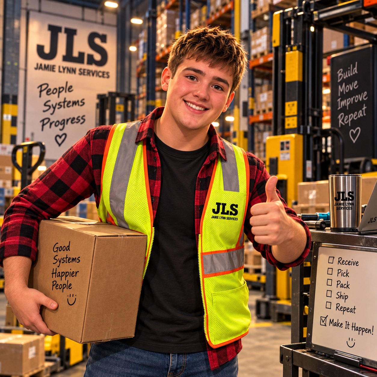 A team member carrying a box marked good systems, happier people, beside a checklist reading receive, pick, pack, ship, repeat, make it happen