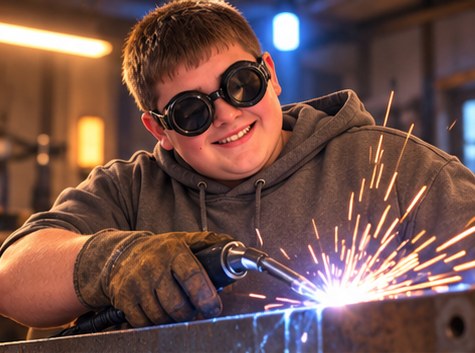 A team member welding in a shop, sparks flying, wearing safety goggles and gloves