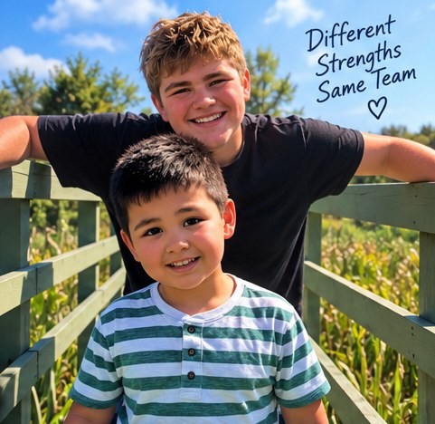 Two boys on a footbridge on a bright day, captioned different strengths, same team